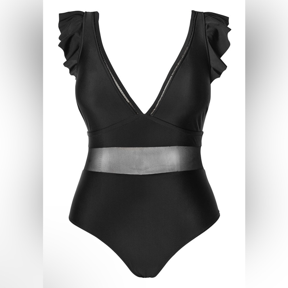 Cupshe Black Ruffle Plunge V Neck Plus Size One Piece Swimsuit, 2x